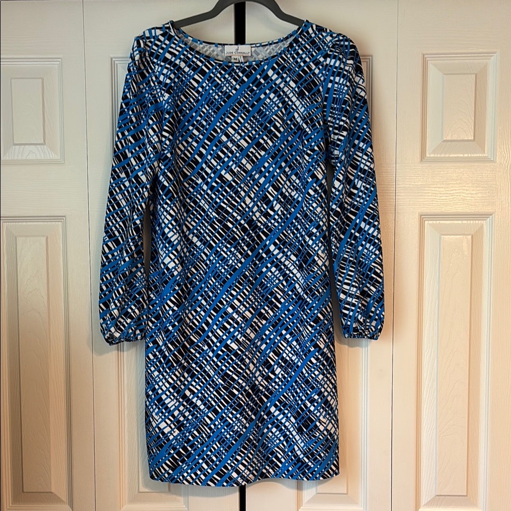 Jude Connally Blue White and Black Geometric Print Dress-Medium